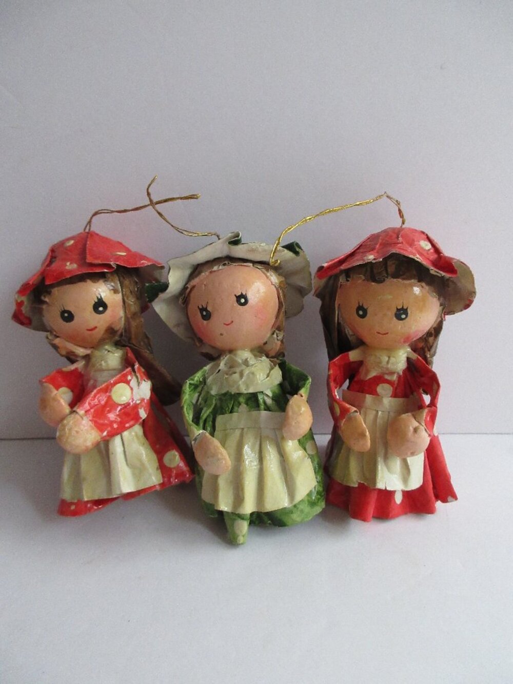 3 Paper Mache Girls 4.5" Christmas Ornaments Vintage Taiwan ROC